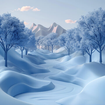 藍白相間的雪山和樹木