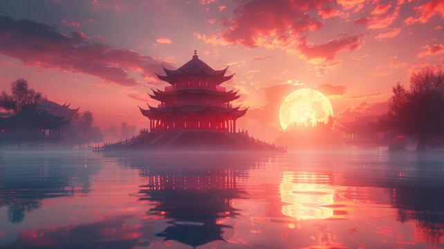 夕陽下的東方建筑