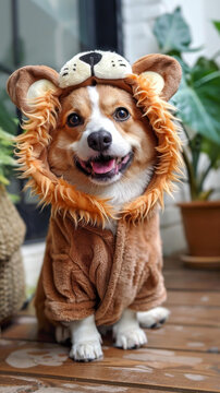 一只可愛的小柯基犬穿著一件獅子服裝