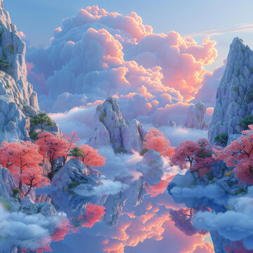 夢幻山間云海粉紅樹林