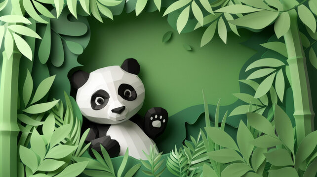 一只可愛的大熊貓?jiān)诰G葉叢中向你揮手