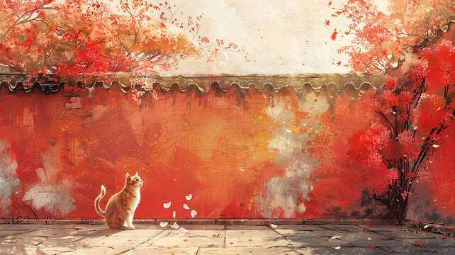一只橘貓坐在紅墻的院子里旁邊有一棵紅葉樹(shù)