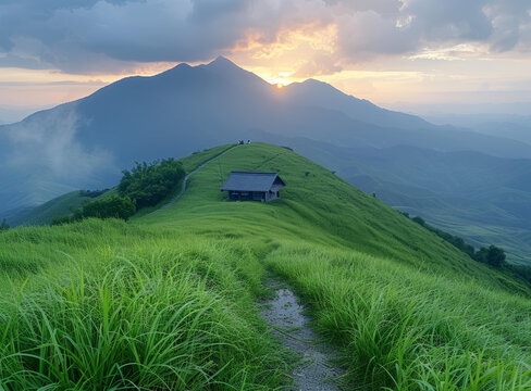 夕陽(yáng)下俯瞰山谷的山頂小屋