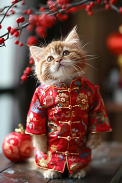 一只身穿紅色中國(guó)傳統(tǒng)服飾的小貓站在桌子上