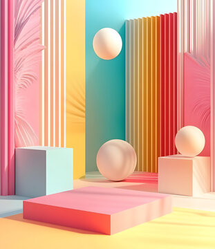 抽象幾何圖形和棕櫚葉的3D渲染