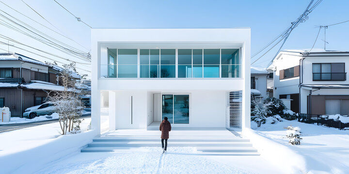冬日雪景下的現(xiàn)代白色住宅
