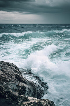 狂風(fēng)暴雨中的海浪拍打巖石