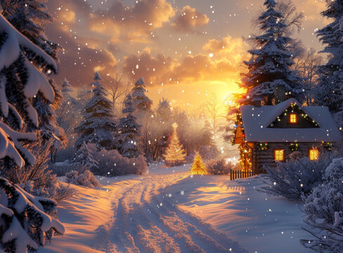 冬日雪景圣誕小屋