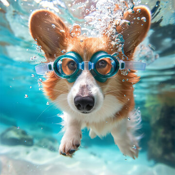 一只可愛的小柯基犬戴著泳鏡在水下游泳
