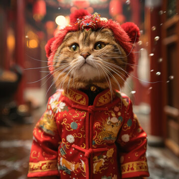 一只身穿中國傳統(tǒng)婚服的貓坐在紅色的背景上