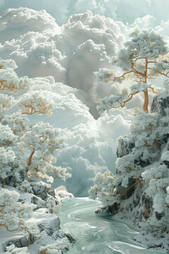 夢幻冬日雪景圖畫