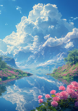 云霧繚繞的山間湖泊美景