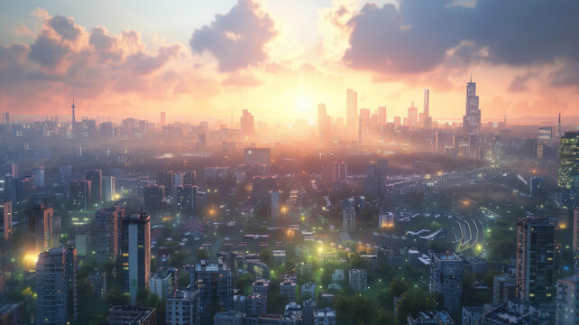 夢(mèng)幻都市日出全景圖