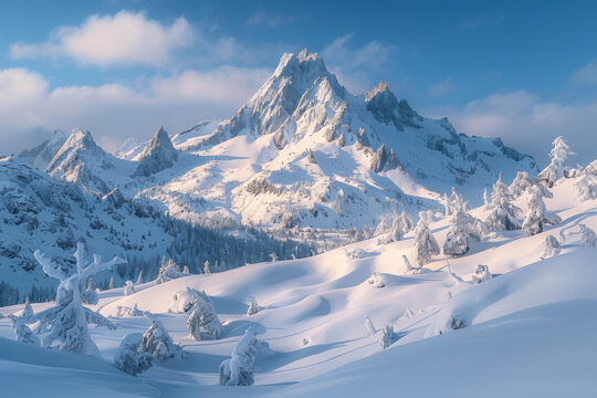 皚皚雪山與霧淞樹木的冬季仙境