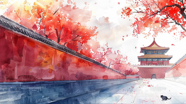 紅墻灰瓦的中國(guó)庭院