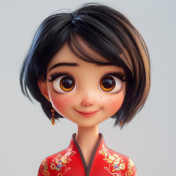 身穿紅色旗袍的短發(fā)黑發(fā)褐眼少女渲染圖