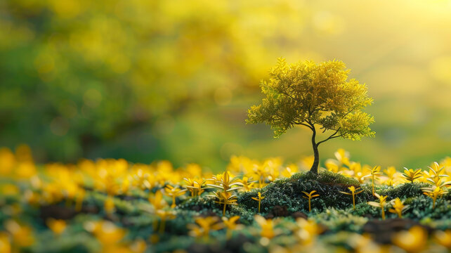 孤獨(dú)生長(zhǎng)在陽光下的黃花田野里的一棵樹