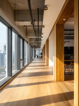 現(xiàn)代辦公大樓走廊設(shè)計，木質(zhì)梁和落地窗