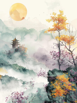 秋景山水畫中的靜謐寶塔