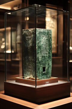 古代中國(guó)青玉雕刻在玻璃展柜中展示