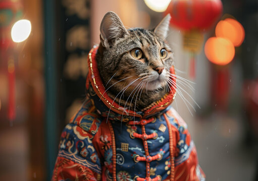 一只身穿中國傳統(tǒng)服飾的貓坐在街上四處張望