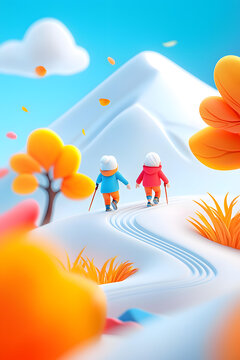 卡通人物登山雪山風(fēng)景