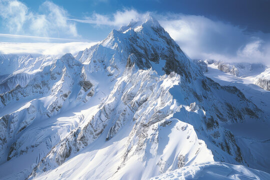 白雪皚皚的雪山山峰在云層中拔地而起