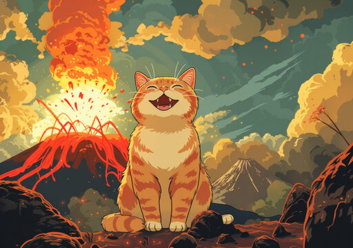 貓凝視火山巖漿噴發(fā)