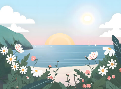 夏日海邊落日花朵風景