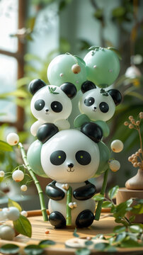 三只可愛(ài)的大熊貓拿著竹子