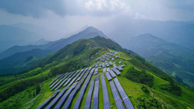 在山區(qū)拍攝的大型太陽能發(fā)電場圖