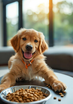 一只可愛(ài)的金毛獵犬幼犬坐在一碗食物前