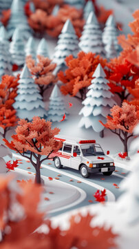紅楓樹(shù)林公路上的白色救護(hù)車(chē)