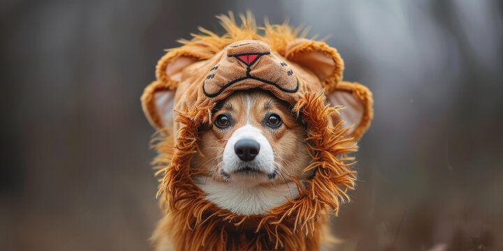 一只可愛的小柯基犬戴著獅子頭套