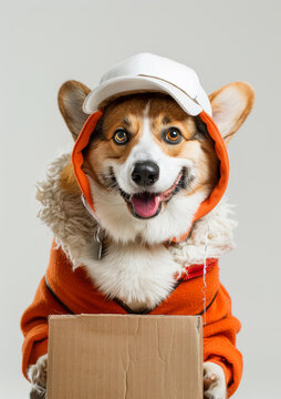 一只可愛的小柯基犬戴著橙色夾克和白色帽子