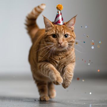 一只戴著生日帽的姜黃色貓咪向鏡頭跑來