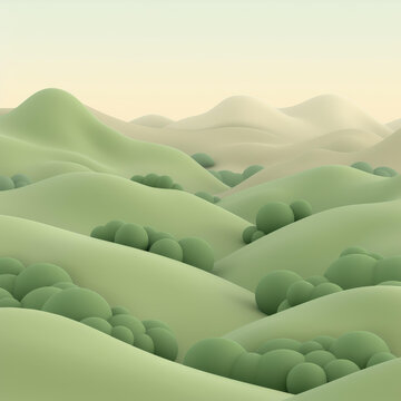 迷霧天氣下綠山丘陵與灌木叢