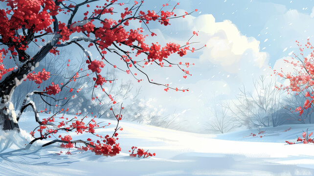 雪中紅梅傲骨綻放