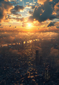 夕陽下的城市全景圖