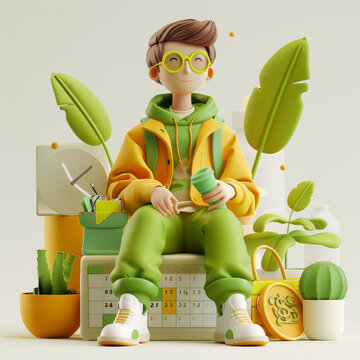 一個坐在日歷上喝咖啡的年輕人的插圖
