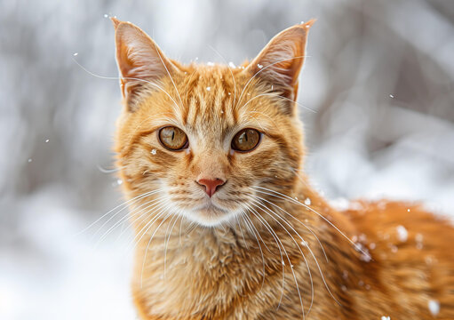 一只姜黃色貓咪在雪地里的肖像
