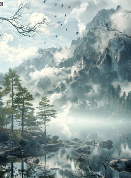 云霧繚繞的山水湖泊風(fēng)景