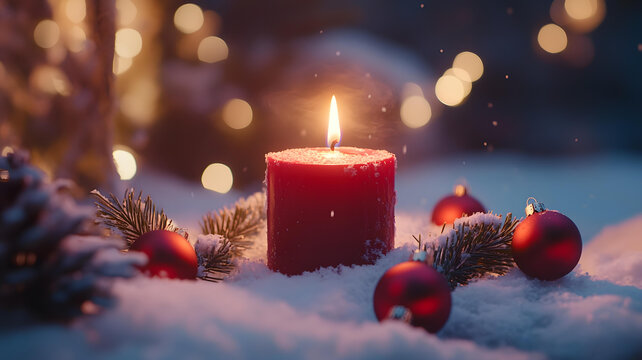 圣誕節(jié)紅蠟燭雪地燃燒