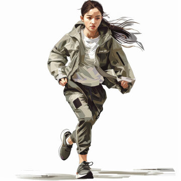 一個年輕的亞洲女子穿著運(yùn)動服跑步