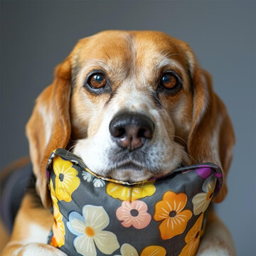 一只嘴里叼著花枕頭的可愛小獵犬