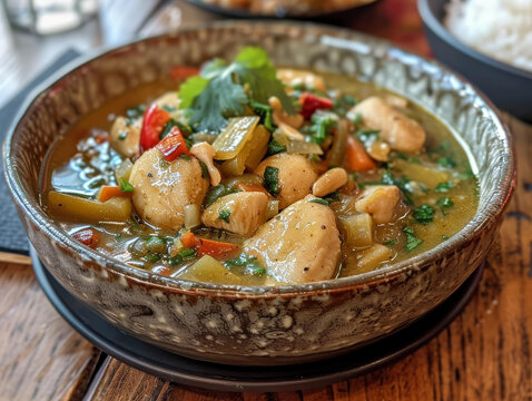 一碗美味的泰式綠咖喱雞肉蔬菜花生湯