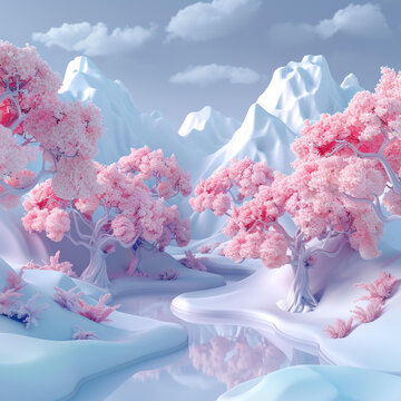 粉色的雪山森林