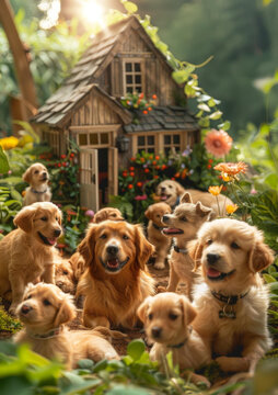 一群金毛獵犬幼犬在花園里玩耍