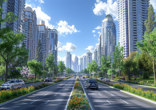 現(xiàn)代城市景觀與茂盛綠地