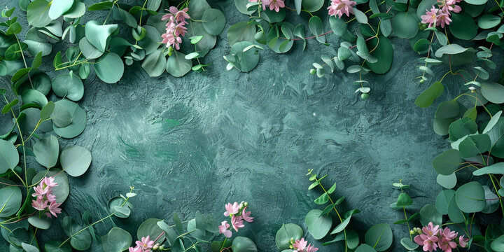 綠葉粉花邊框清新自然背景
